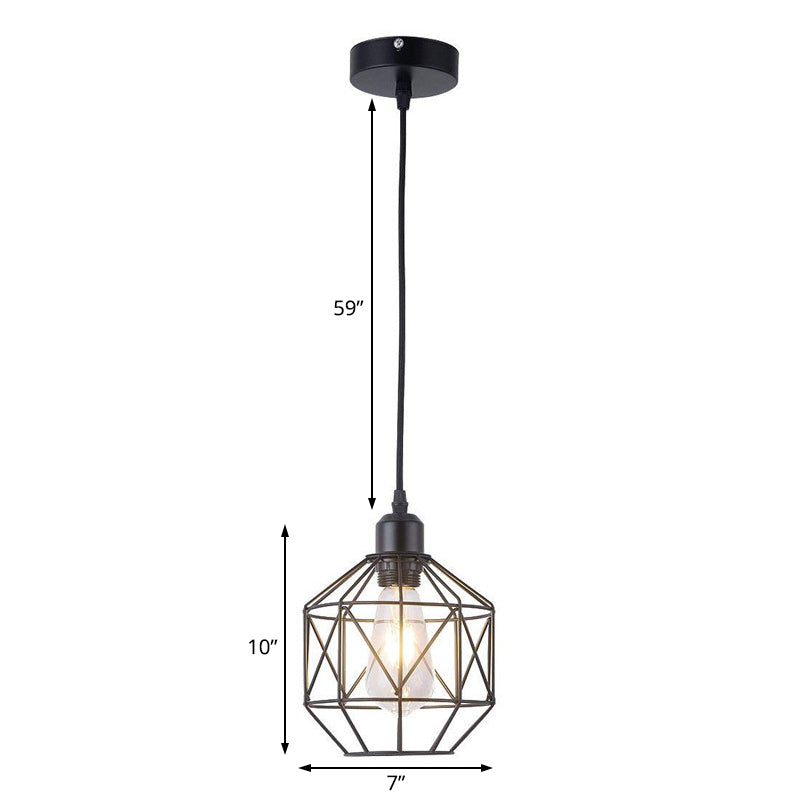 1-Light Prism Cage Pendant Lamp Vintage Black Metal Hanging Light Fixture for Dining Room