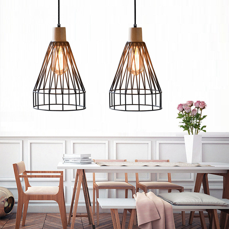 12 "/13" H 1-Licht Anhängerleuchte Leuchte Moderne geometrische Drahtkäfig-Eisen-Anhängerlampe mit Holzoberteil in Schwarz für Schlafzimmer
