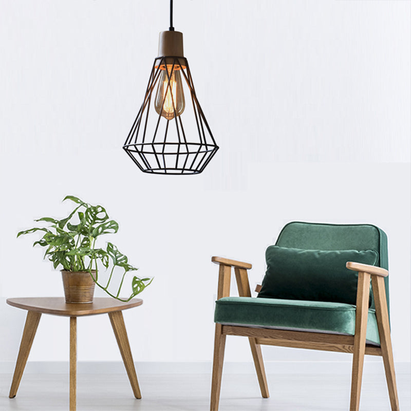 12 "/13" H 1-Licht Anhängerleuchte Leuchte Moderne geometrische Drahtkäfig-Eisen-Anhängerlampe mit Holzoberteil in Schwarz für Schlafzimmer