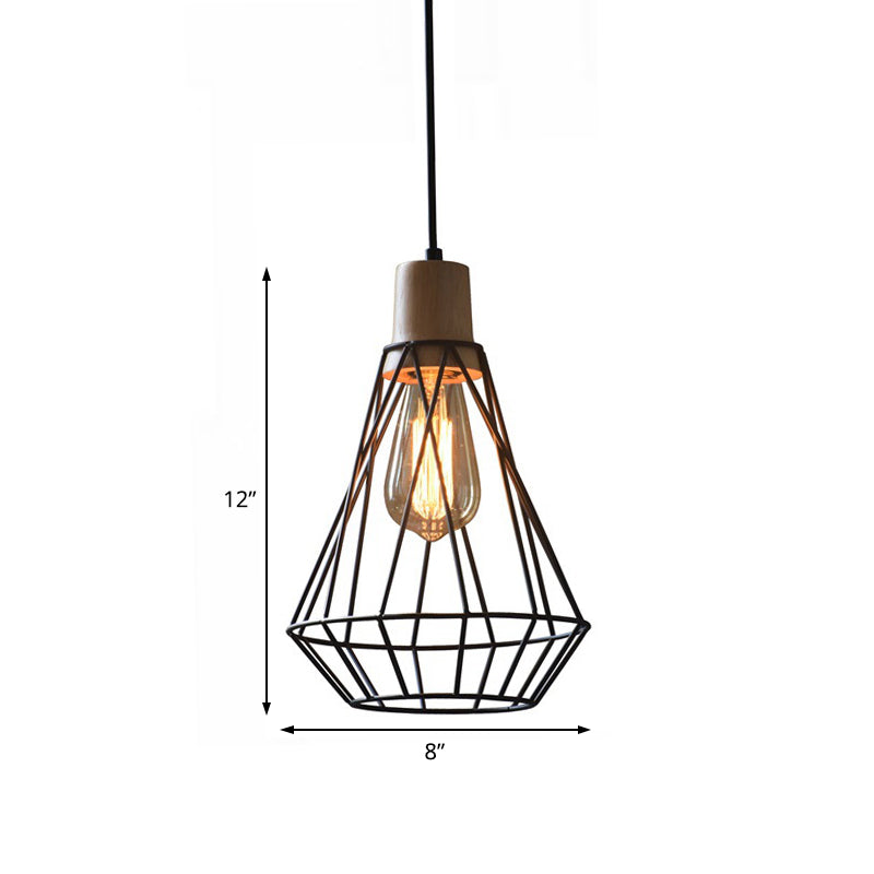 12 "/13" H 1-Licht Anhängerleuchte Leuchte Moderne geometrische Drahtkäfig-Eisen-Anhängerlampe mit Holzoberteil in Schwarz für Schlafzimmer