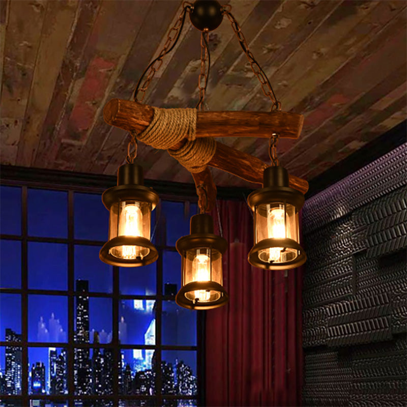 Plafond à 3 bulbs avec ombre lanterne Verre transparent vintage salle à manger pendante lustre en noir