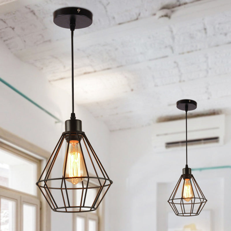 1-Light Pendant Light Fixture Modern Diamond Cage Metal Hanging Lamp in Black for Restaurant