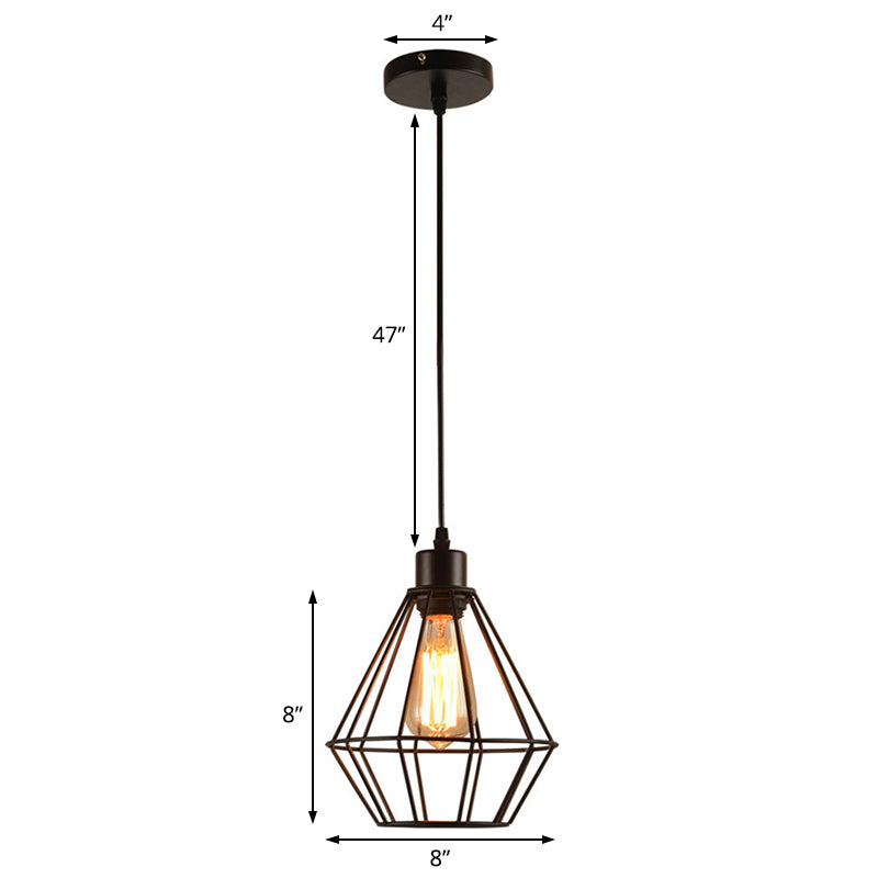 1-Light Pendant Light Fixture Modern Diamond Cage Metal Hanging Lamp in Black for Restaurant
