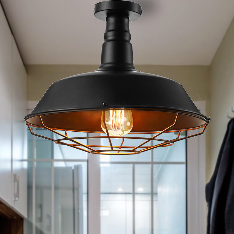 Plafonnier cage noire en métal de style vintage, éclairage d'intérieur semi-encastré à 1 tête avec abat-jour de grange, 10"/14"/18" W