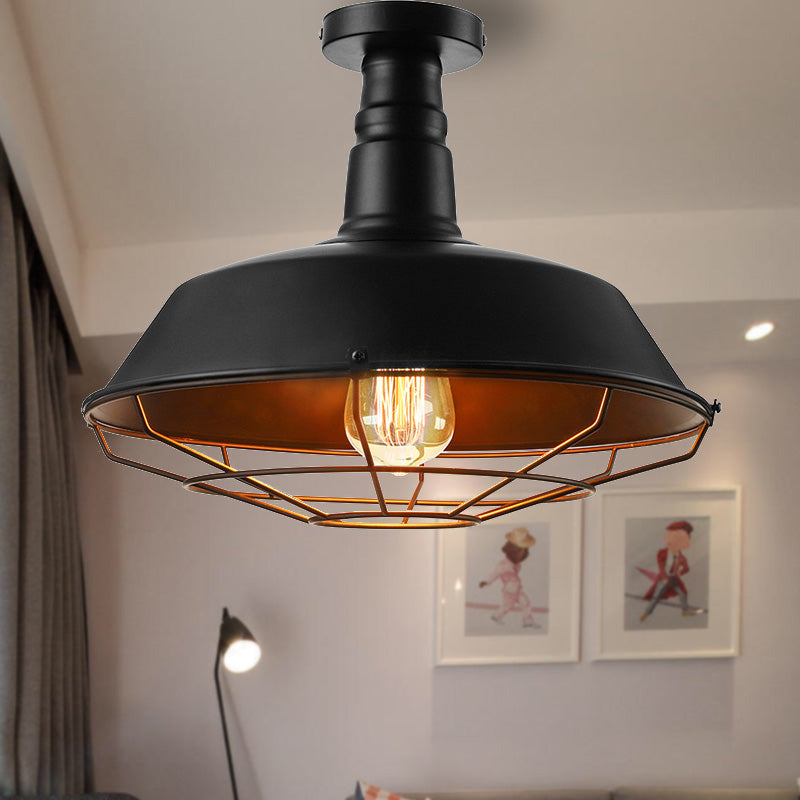 Plafonnier cage noire en métal de style vintage, éclairage d'intérieur semi-encastré à 1 tête avec abat-jour de grange, 10"/14"/18" W