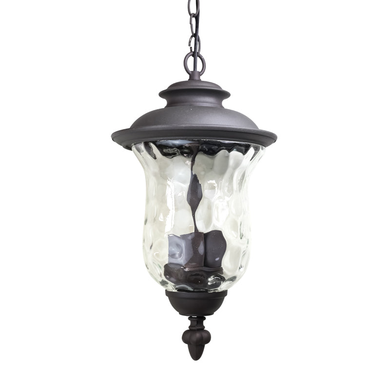 Lumière pendentielle à 3 légers avec une nuance en verre aléatoire Métal de style antique, lampe suspendue extérieure en gris foncé