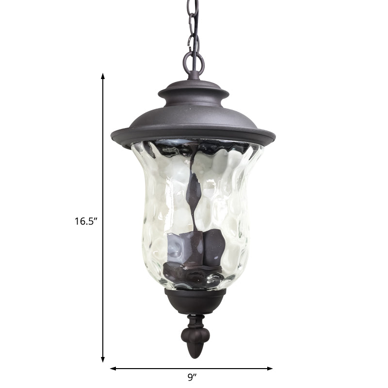 Lumière pendentielle à 3 légers avec une nuance en verre aléatoire Métal de style antique, lampe suspendue extérieure en gris foncé