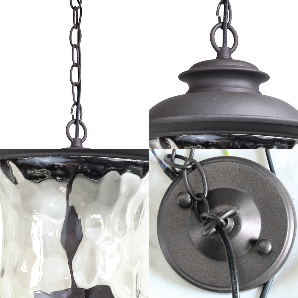 Lumière pendentielle à 3 légers avec une nuance en verre aléatoire Métal de style antique, lampe suspendue extérieure en gris foncé