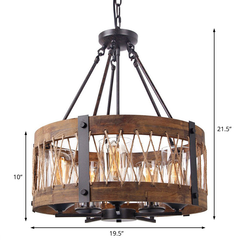5-Light Metal Chandelier Light Fixture Retro Black Rope-weaved Wooden Drum Dining Room Pendant Chandelier