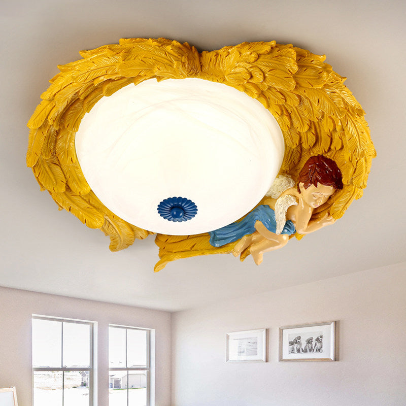 Resin Wing Flush Mount Light with Angel Child Bedroom Romantic Ceiling Lamp