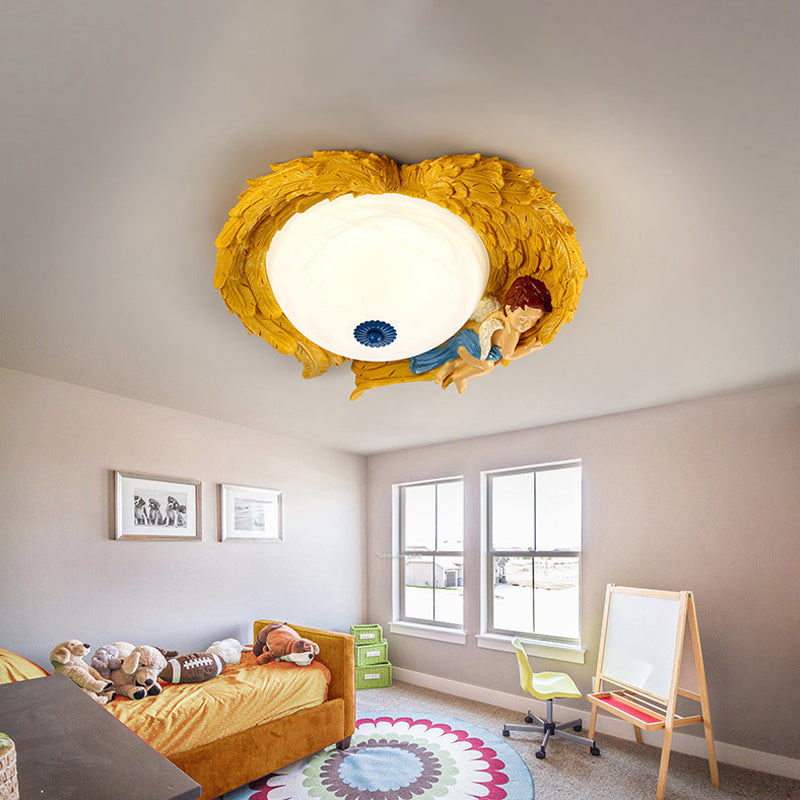 Resin Wing Flush Mount Light with Angel Child Bedroom Romantic Ceiling Lamp