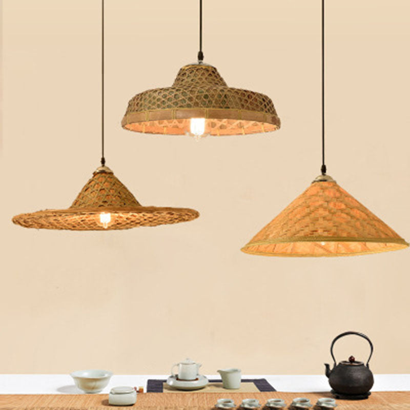 Houten strohoed gevormde hanglamp Aziatische stijl 1 bol bamboe hangende lamp armatuur