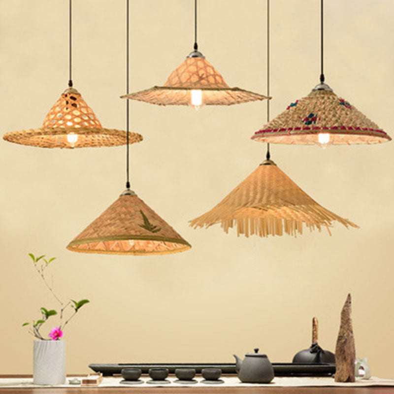 Houten strohoed gevormde hanglamp Aziatische stijl 1 bol bamboe hangende lamp armatuur