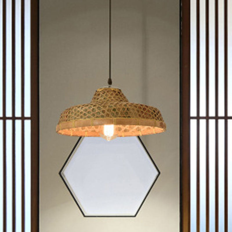 Houten strohoed gevormde hanglamp Aziatische stijl 1 bol bamboe hangende lamp armatuur