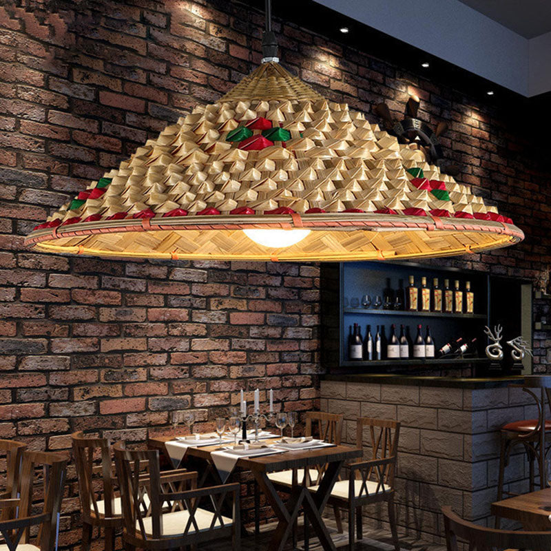Bamboo Coolie Hat Pendant Lighting Asia Single-Bulb Wood Ceiling Hang Light for Restaurant