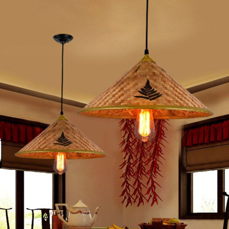 Bamboo Coolie Hat Pendant Lighting Asia Single-Bulb Wood Ceiling Hang Light for Restaurant