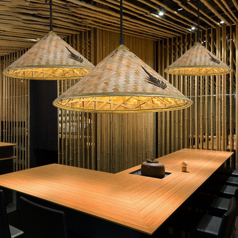 Bamboo Coolie Hat Pendant Lighting Asia Single-Bulb Wood Ceiling Hang Light for Restaurant