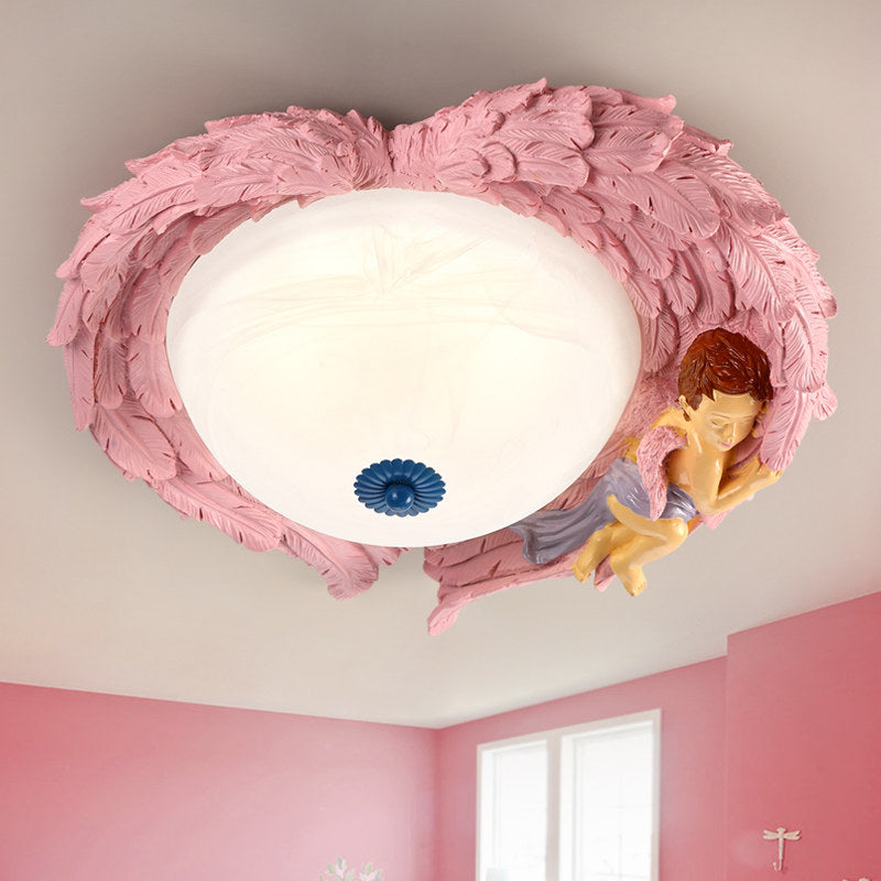 Resin Wing Flush Mount Light with Angel Child Bedroom Romantic Ceiling Lamp