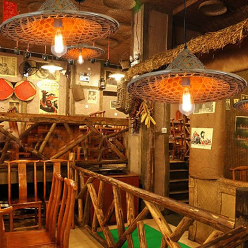 Bamboo Coolie Hat Pendant Lighting Asia Single-Bulb Wood Ceiling Hang Light for Restaurant