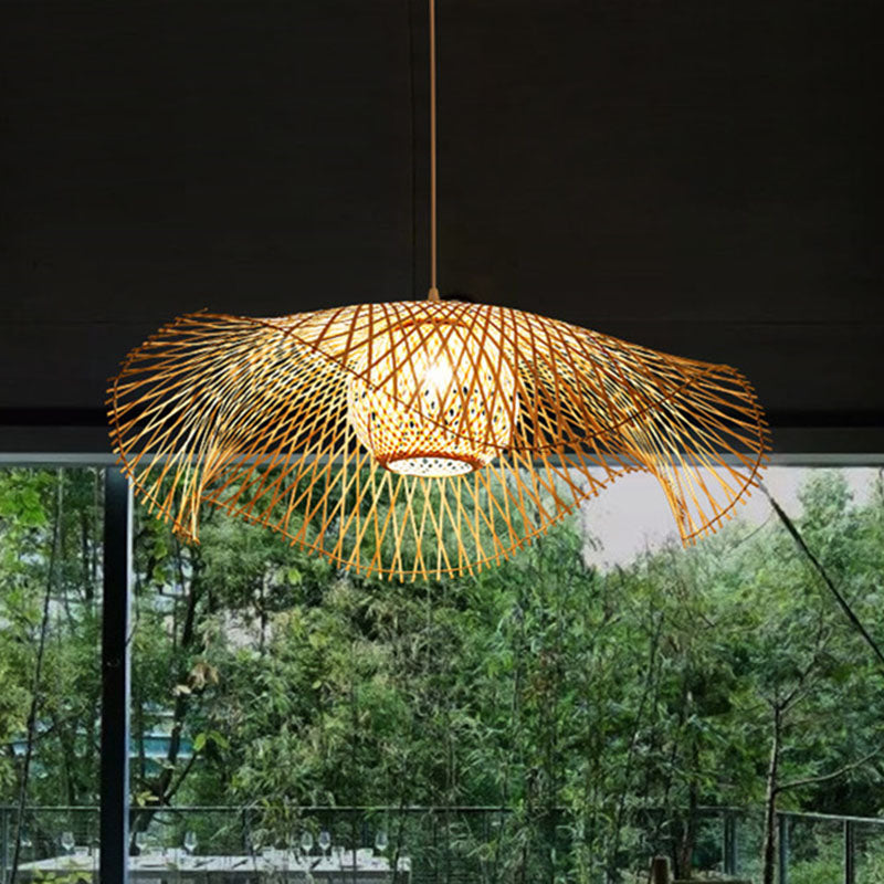 Floppy Hat Bamboo Woven Pendant Asian 1 Bulb Wood Hanging Ceiling Light over Table