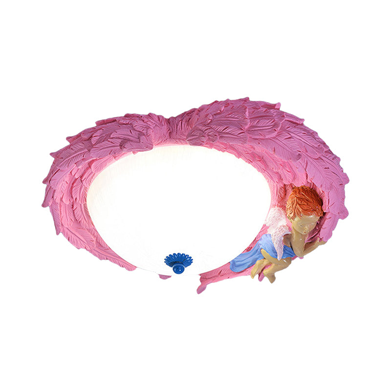 Resin Wing Flush Mount Light with Angel Child Bedroom Romantic Ceiling Lamp