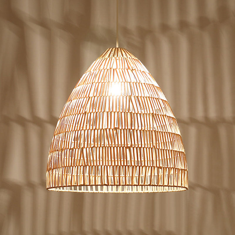Cloche Shaped Rattan Hanging Ceiling Light Asian Single Wood Pendant Lighting Fixture