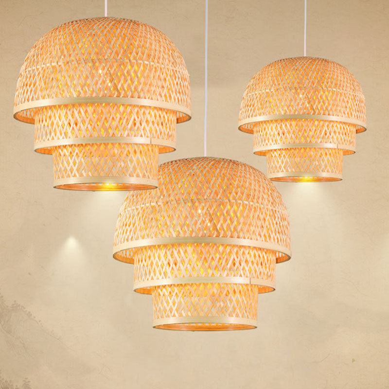 Single Restaurant Down Lighting Pendant Asian Wood Hanging Lamp with Tiered Bamboo Shade