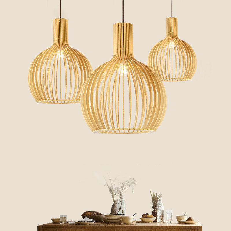 Asian Bottle Shaped Pendant Light Bamboo 1-Bulb Dining Table Suspended Lighting Fixture in Wood