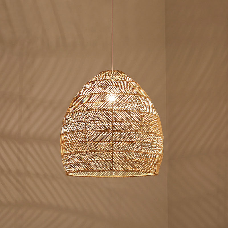 Rattan Cloche Pendant Ceiling Light Asian Single-Bulb Suspension Lighting over Dining Table