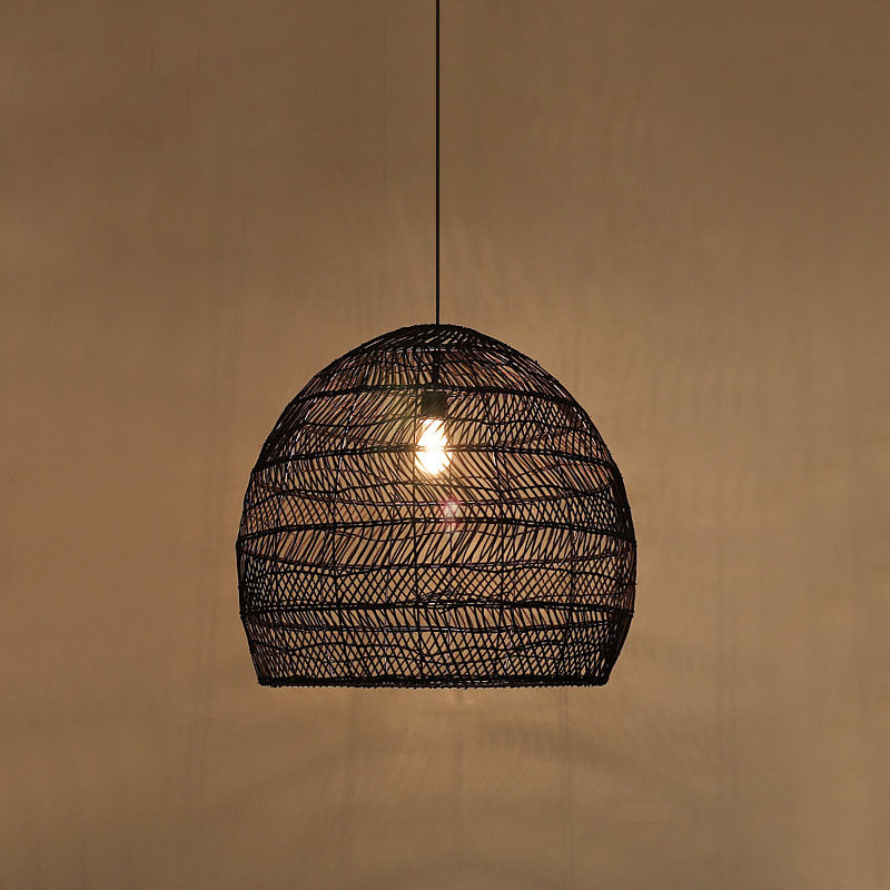 Rattan Cloche Pendant Ceiling Light Asian Single-Bulb Suspension Lighting over Dining Table