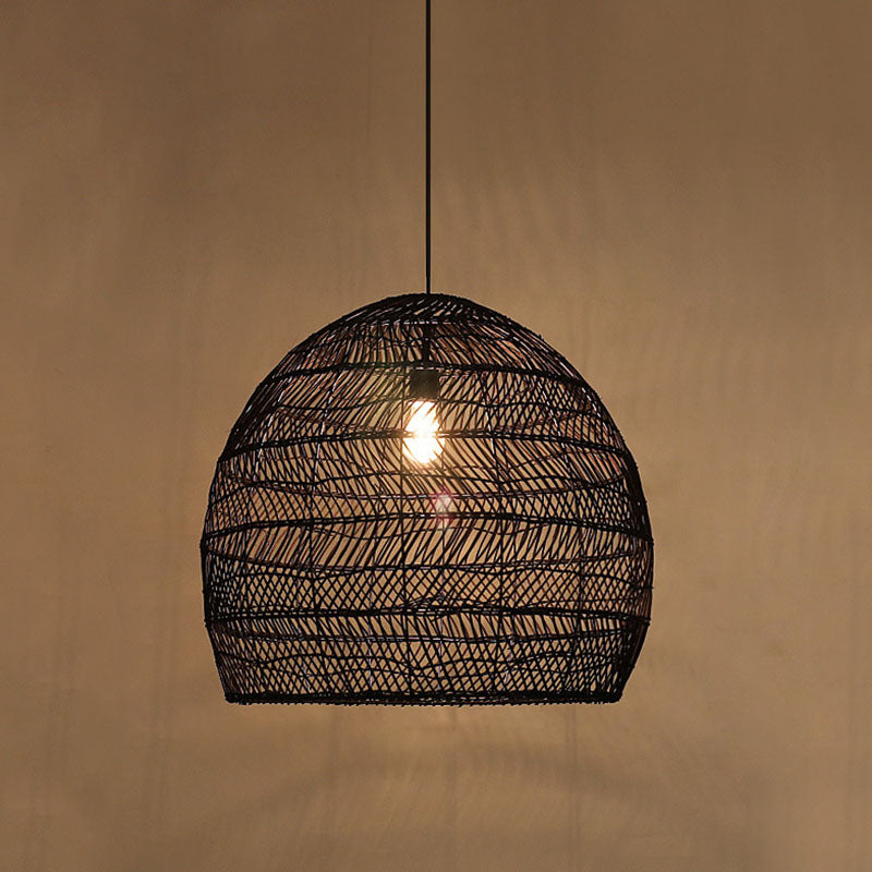 Rattan Cloche Pendant Ceiling Light Asian Single-Bulb Suspension Lighting over Dining Table