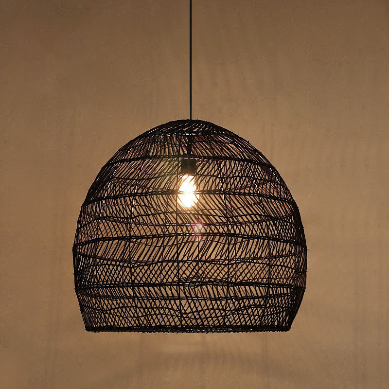 Rattan Cloche Pendant Ceiling Light Asian Single-Bulb Suspension Lighting over Dining Table