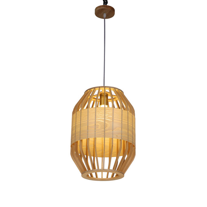 Bamboo Slatted Hanging Light Kit Asian 1 Light Wood Down Lighting Pendant over Table