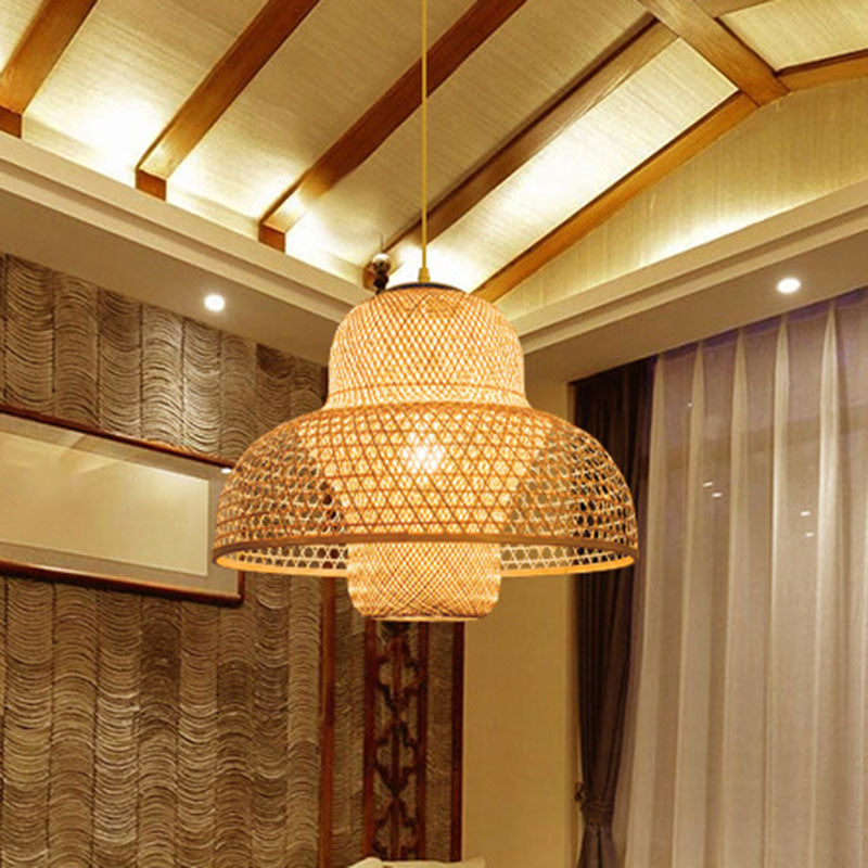 Criss Cross Weaving Hanging Lamp Chinese Bamboo 1 Bulb Tearoom Pendant Light Kit in Wood