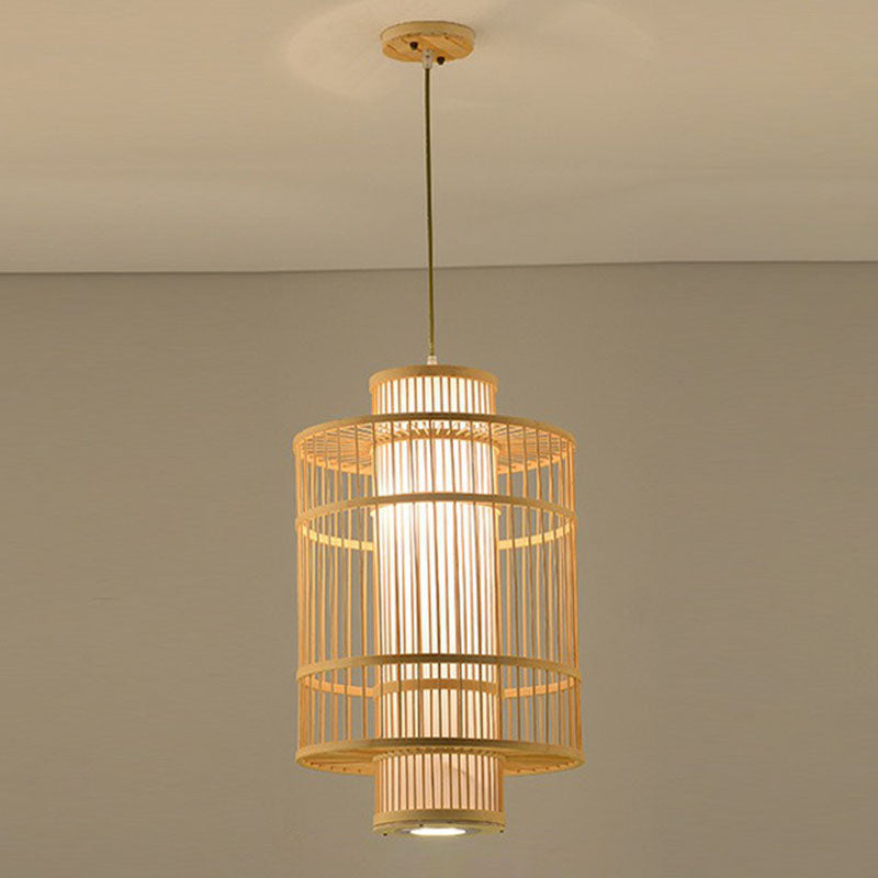 Geometric Shape Guest Room Pendant Light Bamboo Single Asian Hanging Light in Wood