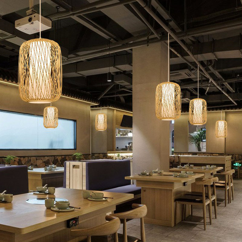 Luz de colgante de linterna de la jaula ASIA Bamboo Lámpara de suspensión de bistro de 1 luz en madera