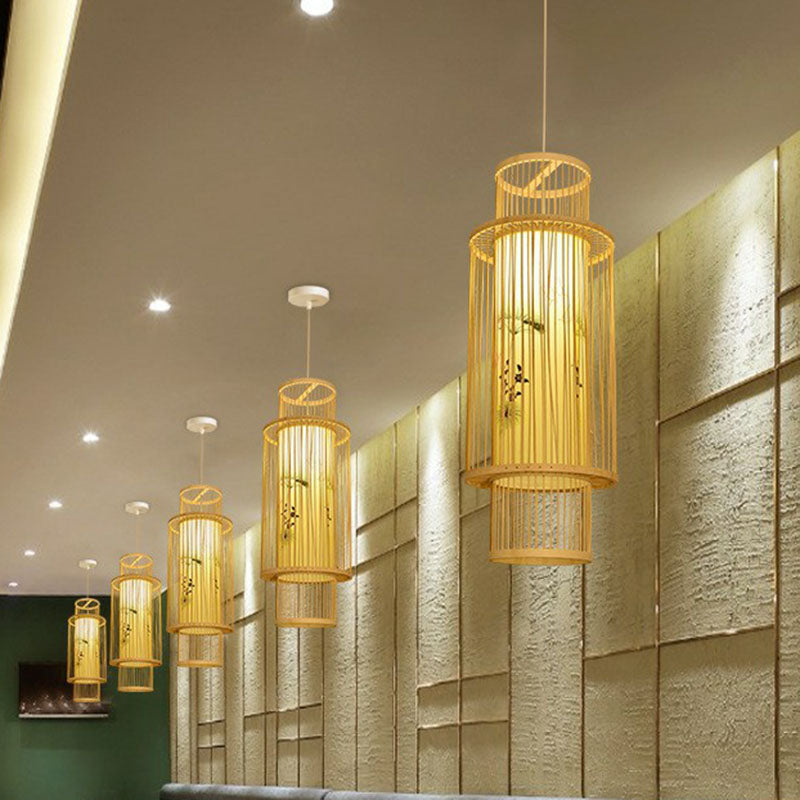 Luz de colgante de linterna de la jaula ASIA Bamboo Lámpara de suspensión de bistro de 1 luz en madera