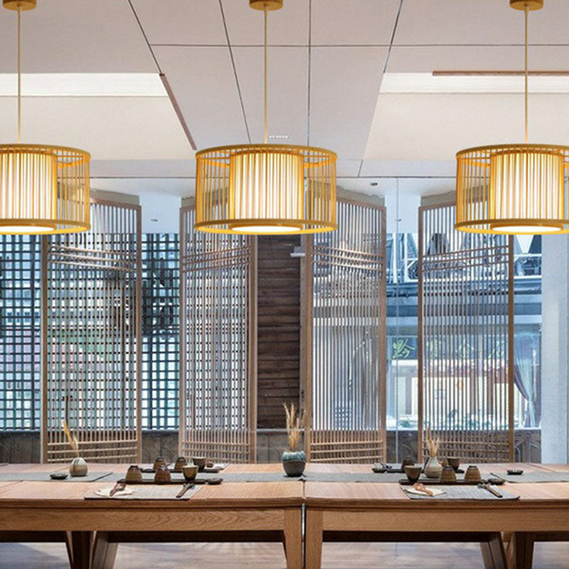 Restaurante geométrico Drop Colgante Bamboo 1 Bulbo de estilo asiático Péndulo Light in Wood