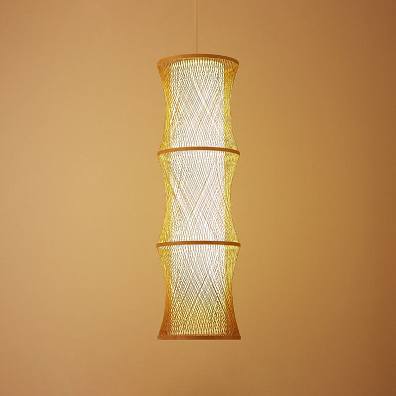 Asiatische 1-Licht-Deckenlampe Holz Fischfalle Drahtheize Beleuchtung mit Rattan Schatten