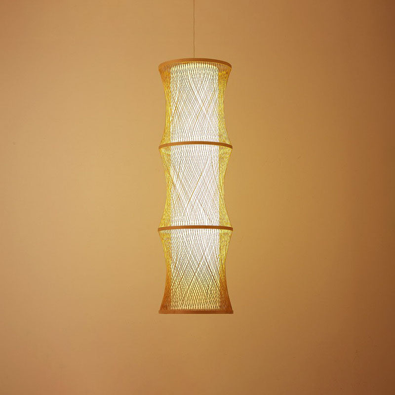 Asiatische 1-Licht-Deckenlampe Holz Fischfalle Drahtheize Beleuchtung mit Rattan Schatten