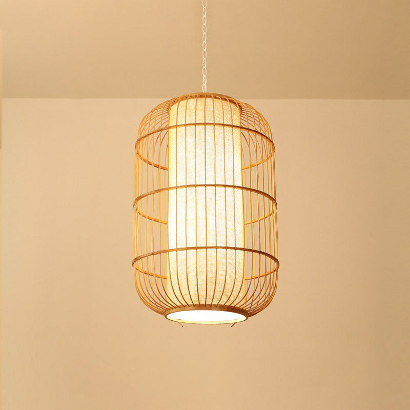 Oval Hanging Ceiling Lantern Chinese Bamboo Single Wood Pendant Lamp with Shade Inside