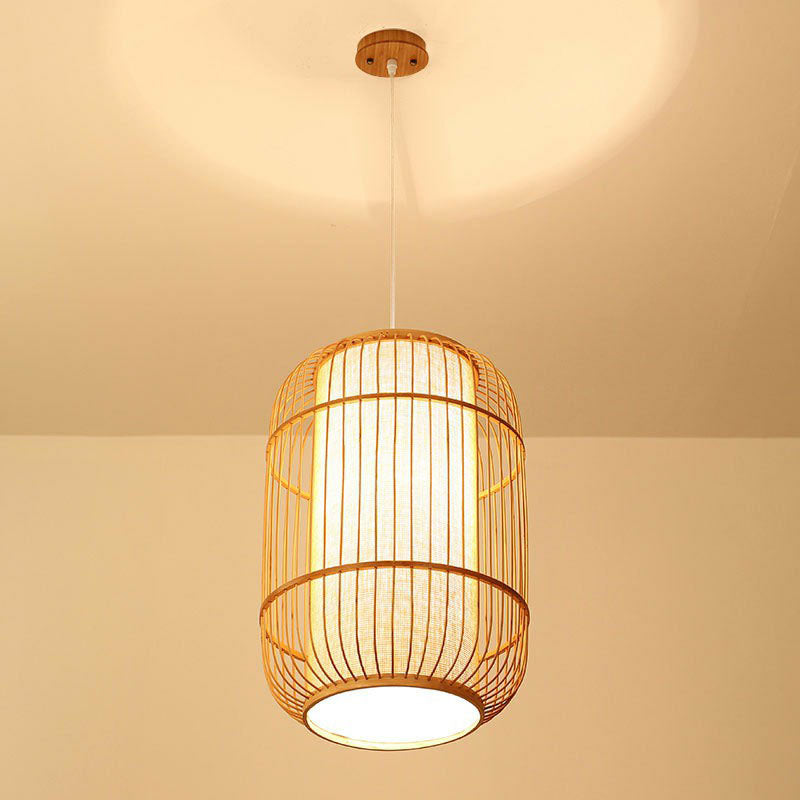 Oval Hanging Ceiling Lantern Chinese Bamboo Single Wood Pendant Lamp with Shade Inside