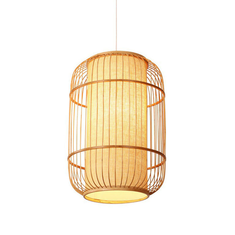 Oval Hanging Ceiling Lantern Chinese Bamboo Single Wood Pendant Lamp with Shade Inside