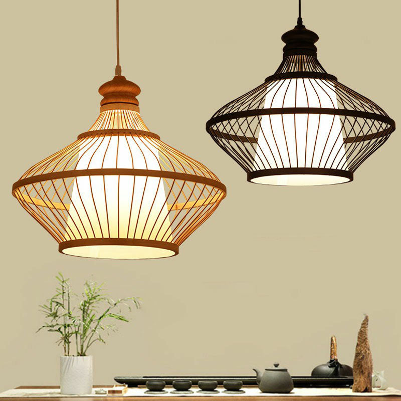 Black Pear Shaped Pendulum Light Asia 1-Light Bamboo Pendant Ceiling Light over Table