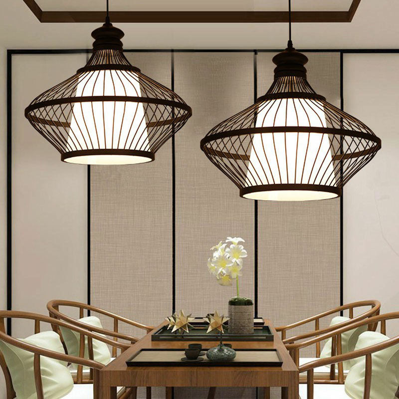 Black Pear Shaped Pendulum Light Asia 1-Light Bamboo Pendant Ceiling Light over Table