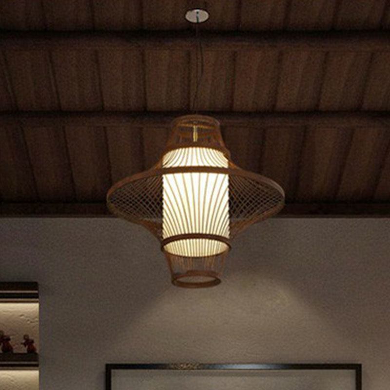 Flared Bamboo Pendant Light Fixture Asian Single Bulb Suspension Lighting with White Shade Inner
