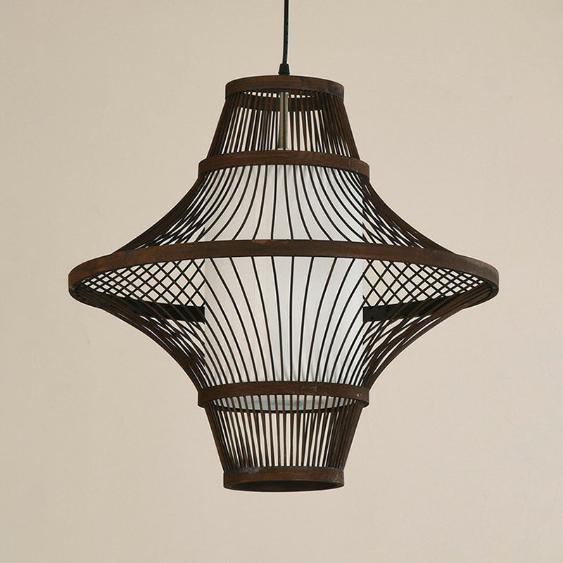 Flared Bamboo Pendant Light Fixture Asian Single Bulb Suspension Lighting with White Shade Inner