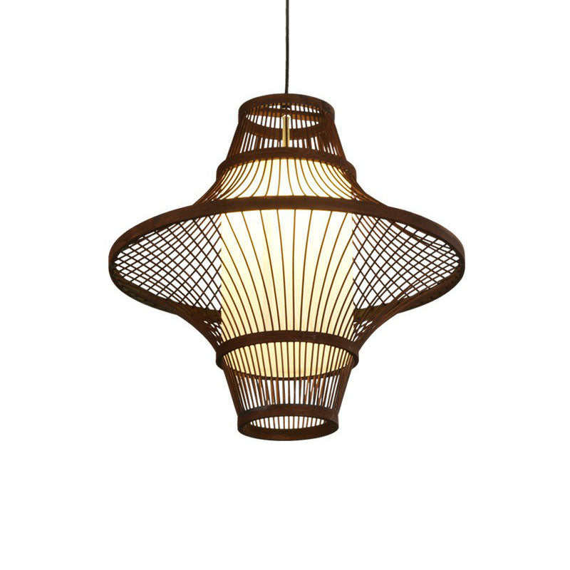 Flared Bamboo Pendant Light Fixture Asian Single Bulb Suspension Lighting with White Shade Inner