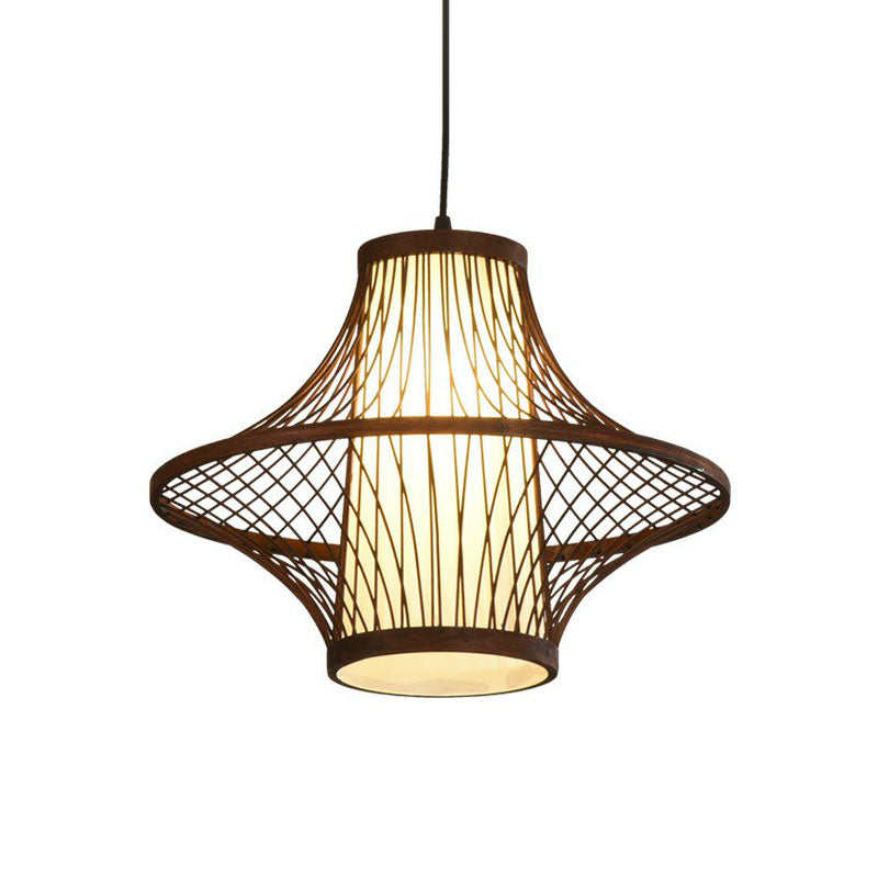 Flared Bamboo Pendant Light Fixture Asian Single Bulb Suspension Lighting with White Shade Inner
