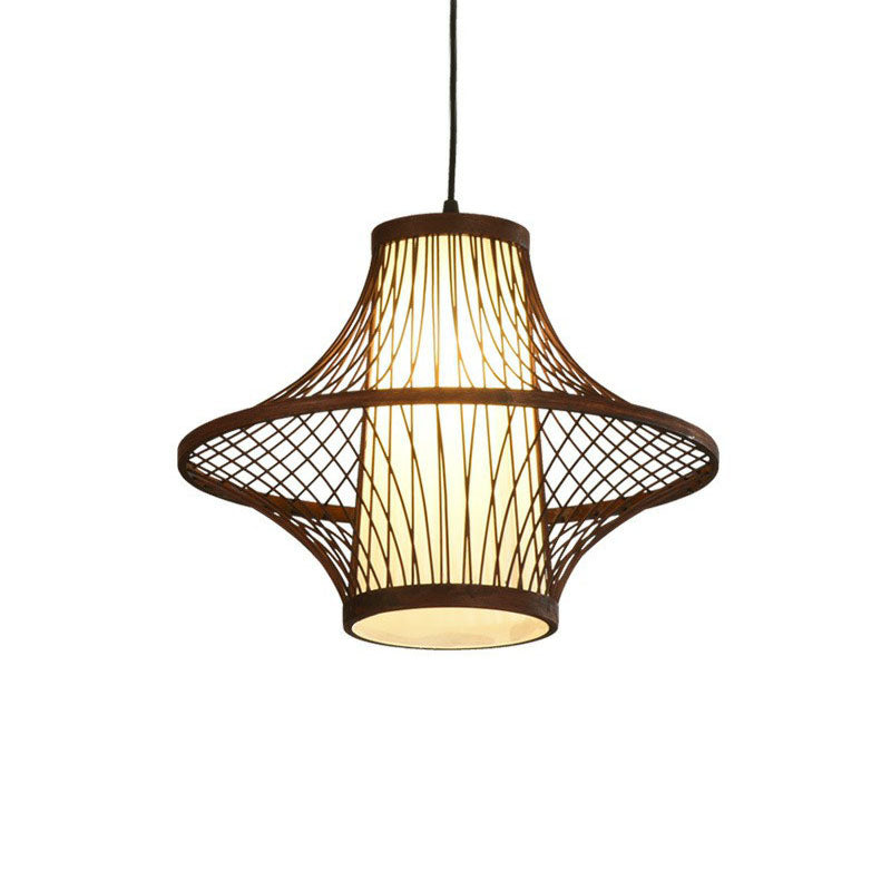 Flared Bamboo Pendant Light Fixture Asian Single Bulb Suspension Lighting with White Shade Inner